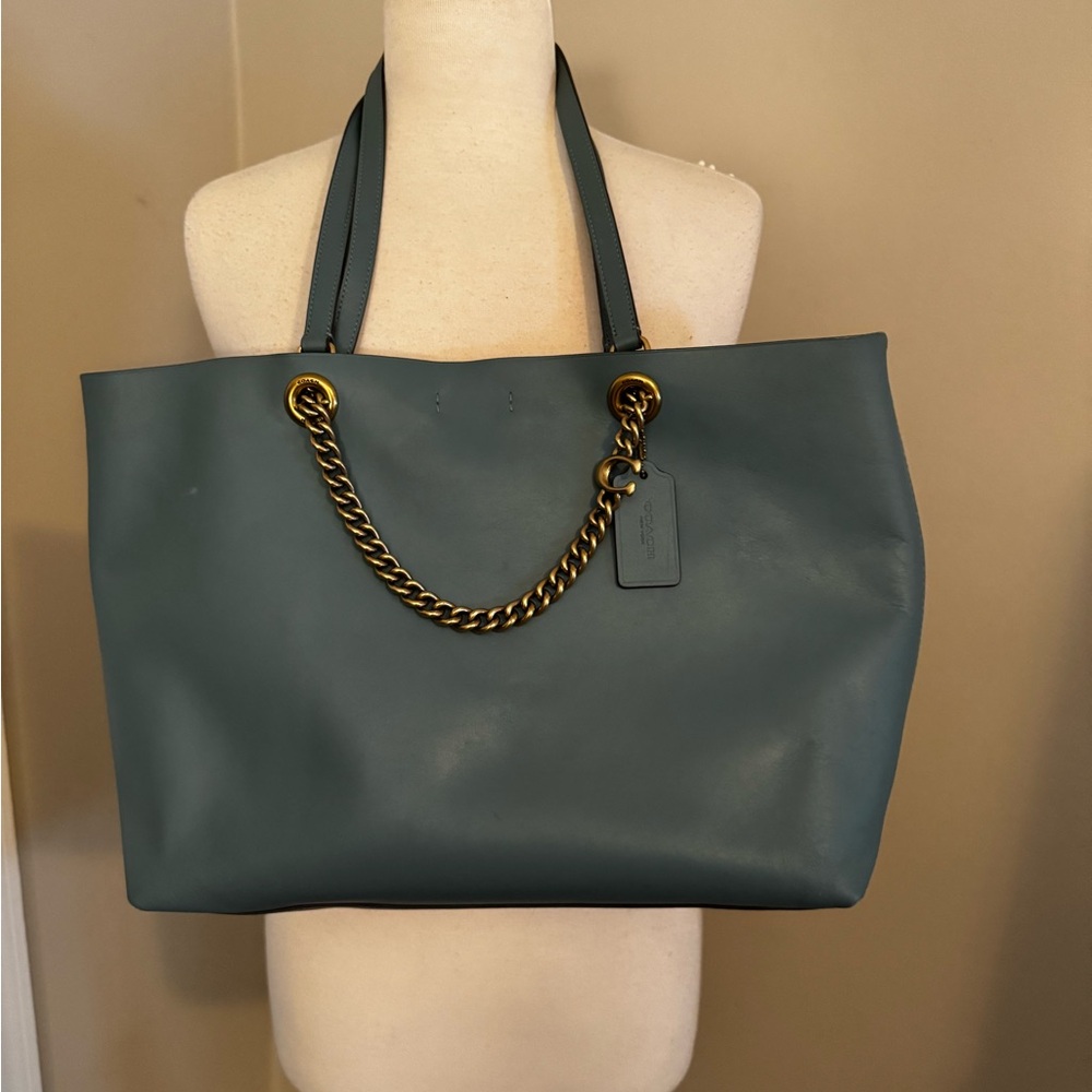 Coach Teal Leather Tote with Gold Chain - Picture 2 of 16